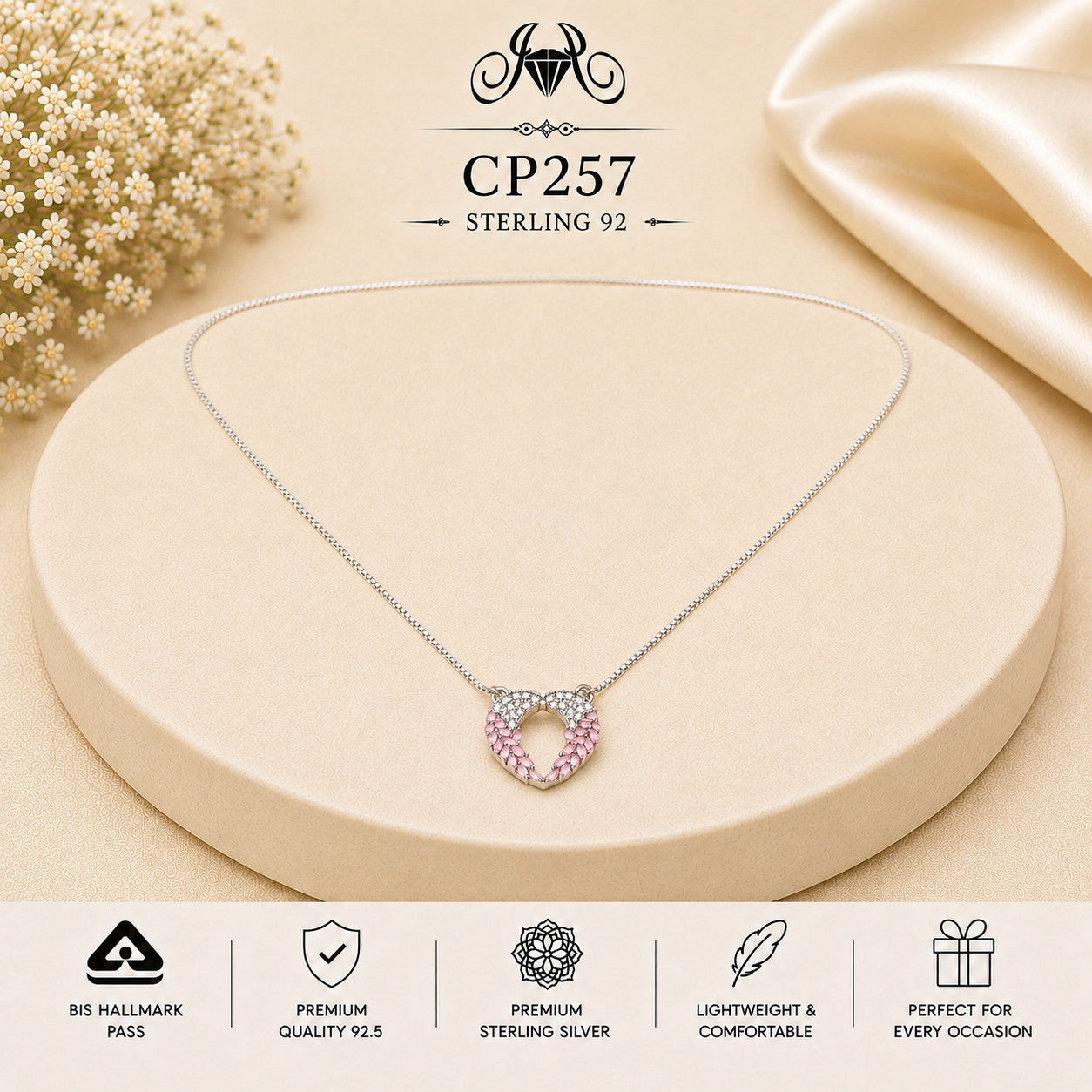 925 Sterling Silver Pink Crystal Heart Pendant Chain