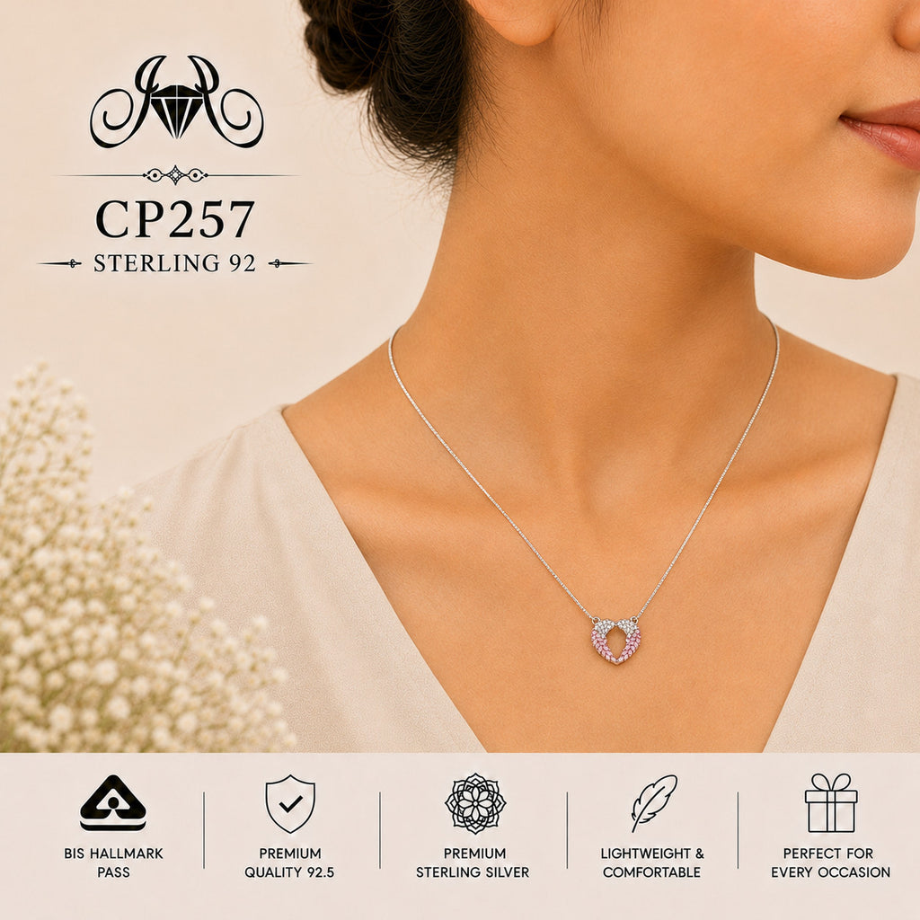 925 Sterling Silver Pink Crystal Heart Pendant Chain