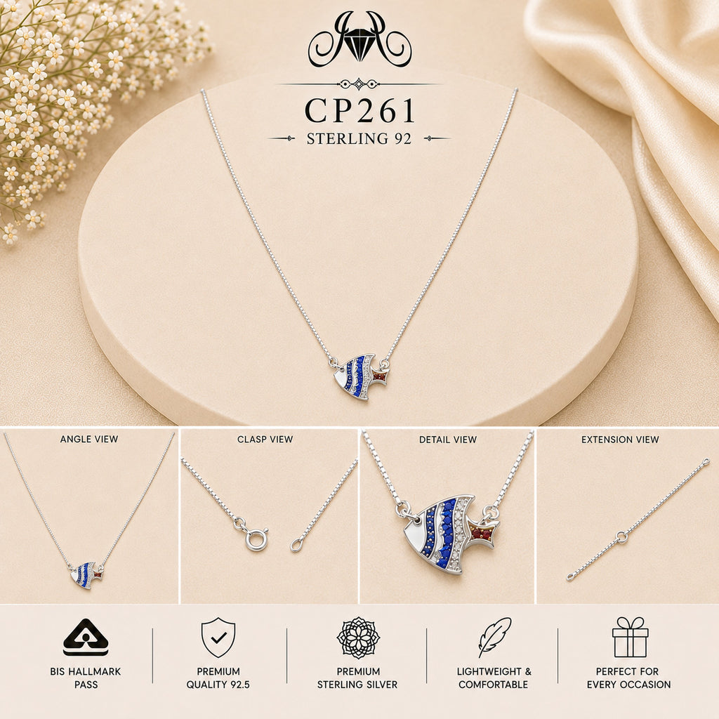 925 Sterling Silver Blue Enamel Angelfish Pendant Chain