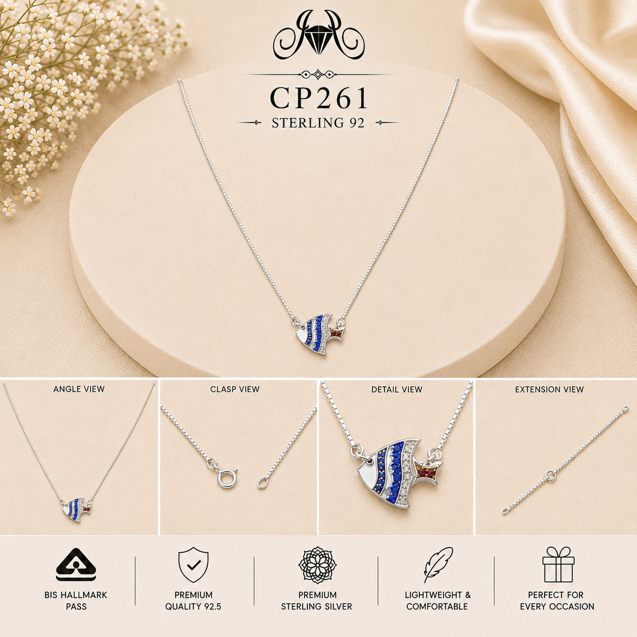 925 Sterling Silver Blue Enamel Angelfish Pendant Chain