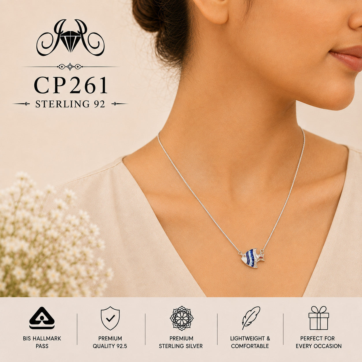 925 Sterling Silver Blue Enamel Angelfish Pendant Chain