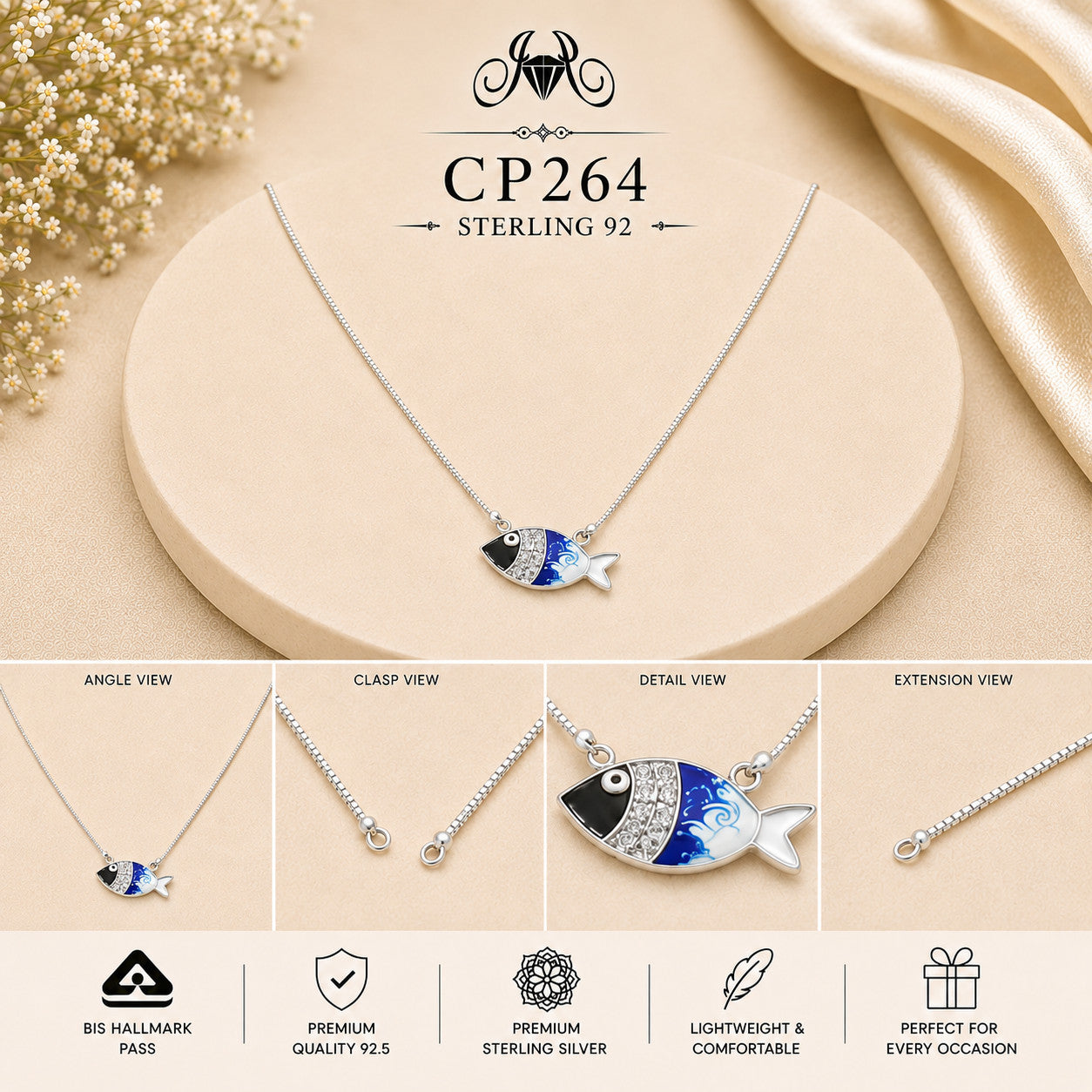 925 Sterling Silver Blue Fish Pendant Chain