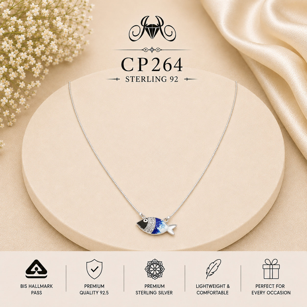 925 Sterling Silver Blue Fish Pendant Chain