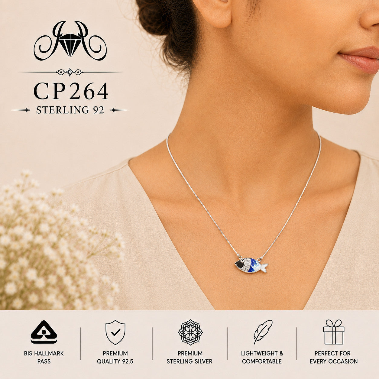 925 Sterling Silver Blue Fish Pendant Chain