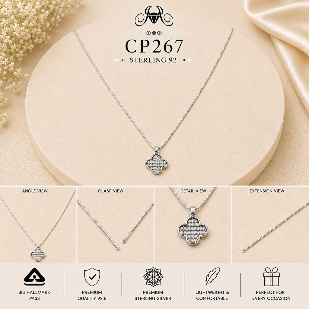 925 Sterling Silver Crystal Clover Pendant Chain