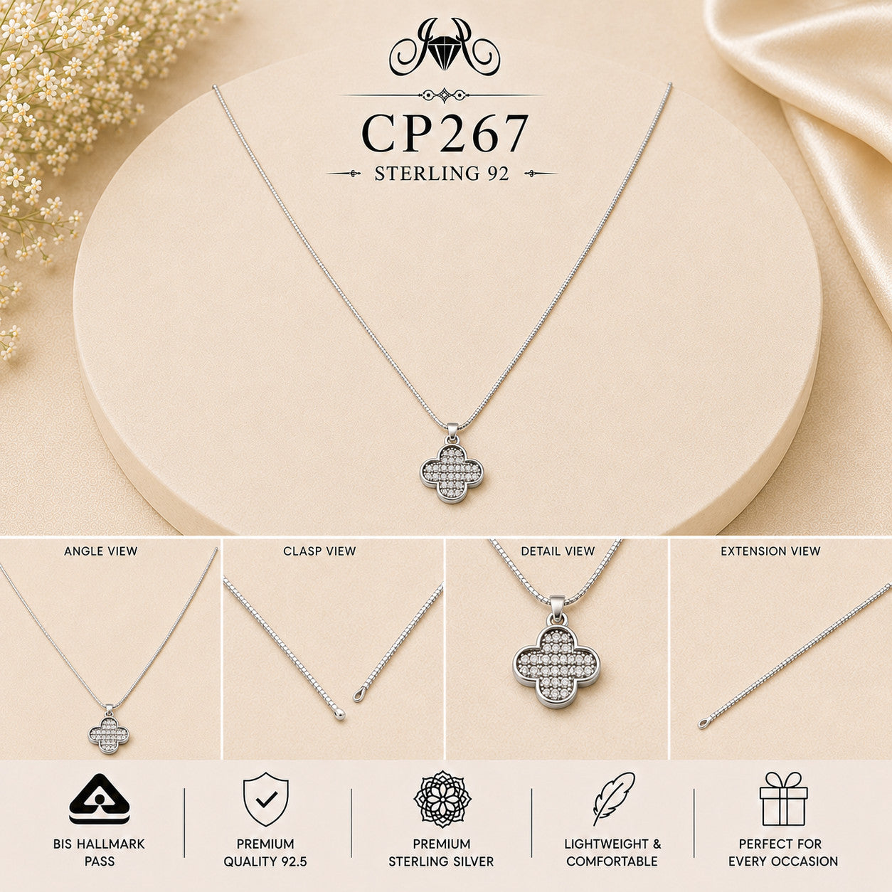 925 Sterling Silver Crystal Clover Pendant Chain