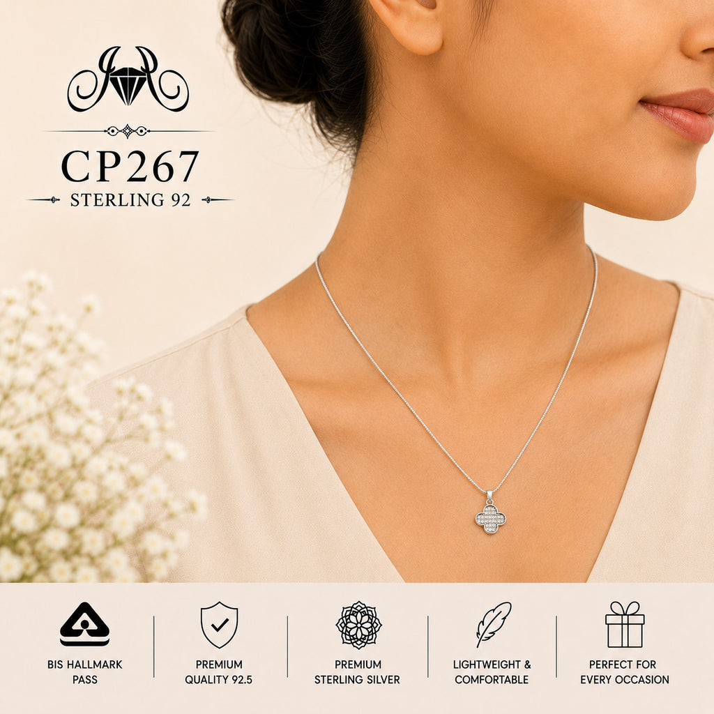 925 Sterling Silver Crystal Clover Pendant Chain