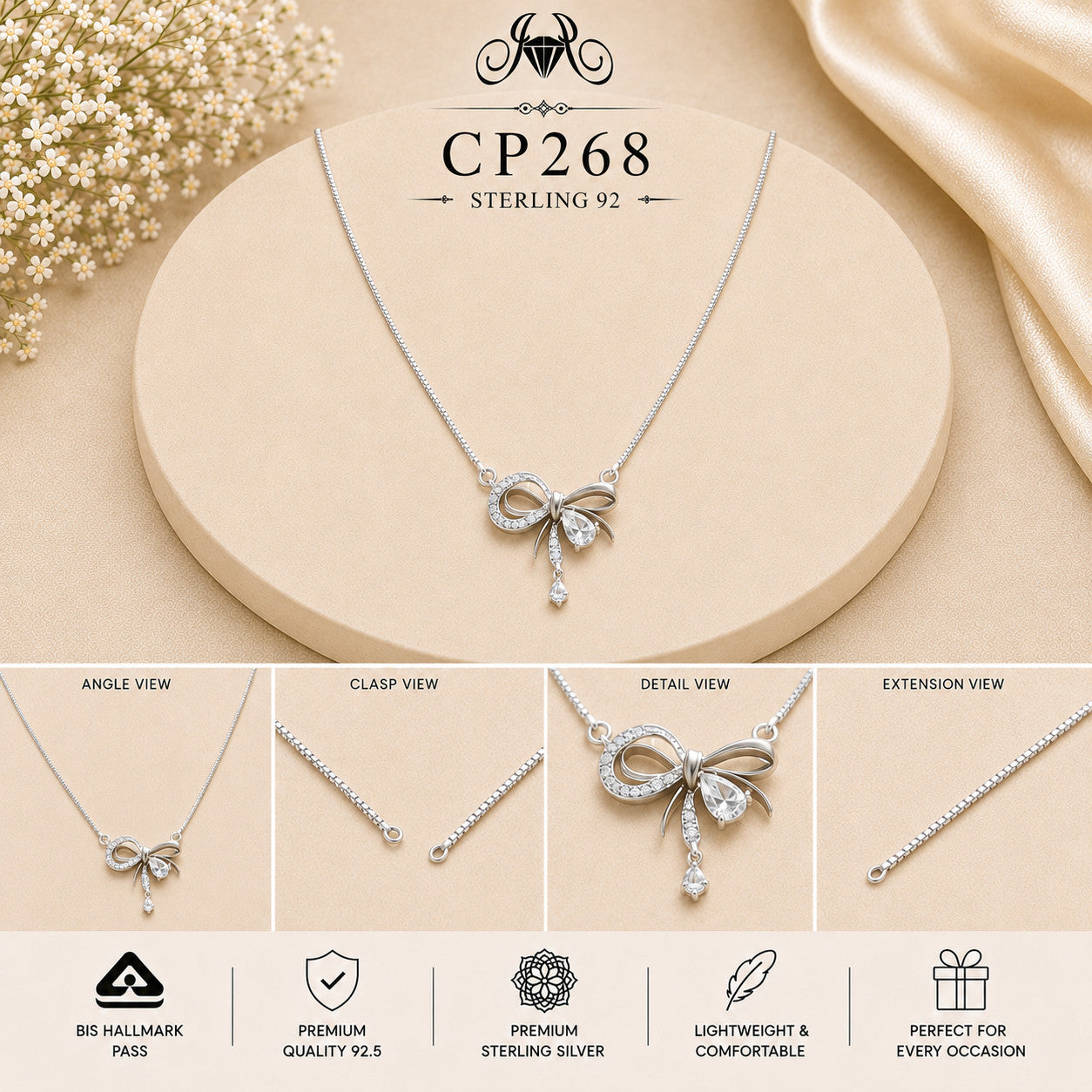 925 Sterling Silver Bow & Teardrop Pendant Chain