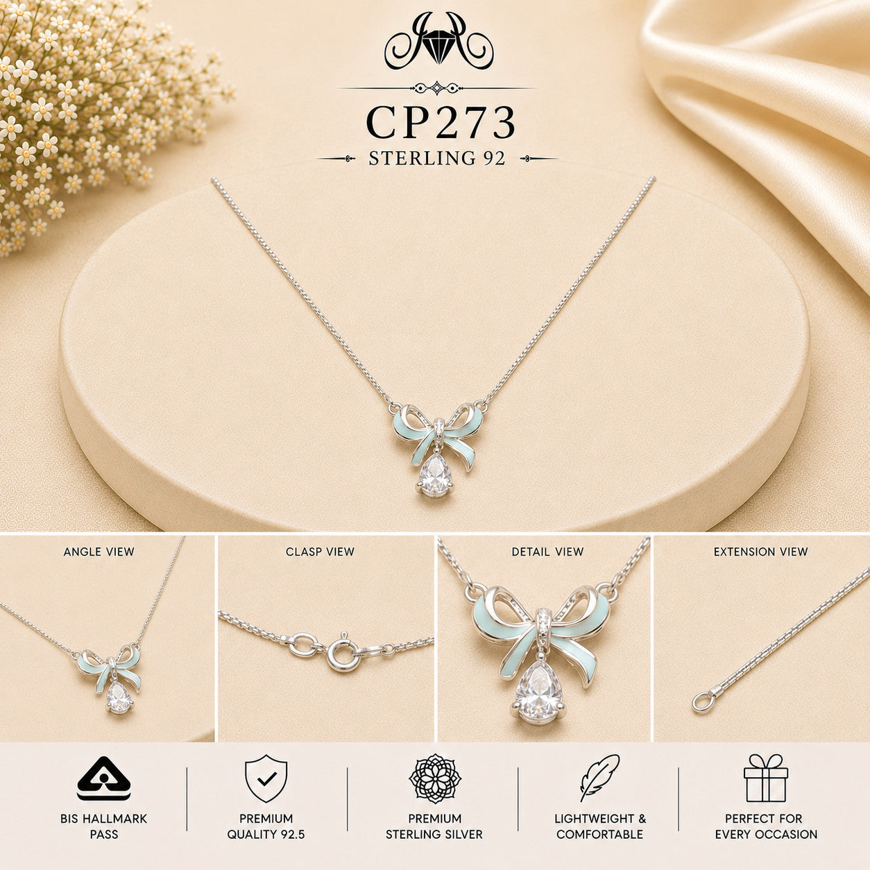 925 Sterling Silver Blue Bow Drop Pendant Chain