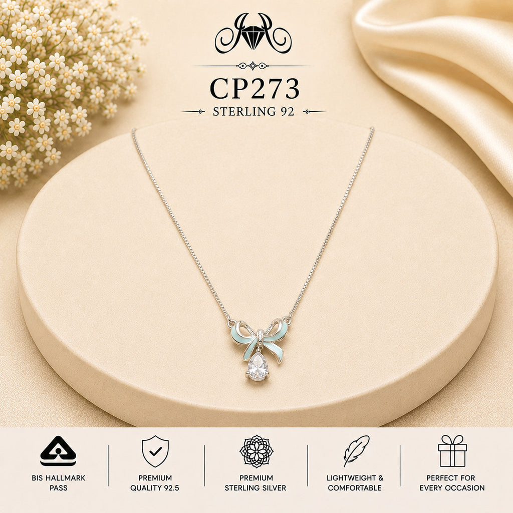 925 Sterling Silver Blue Bow Drop Pendant Chain