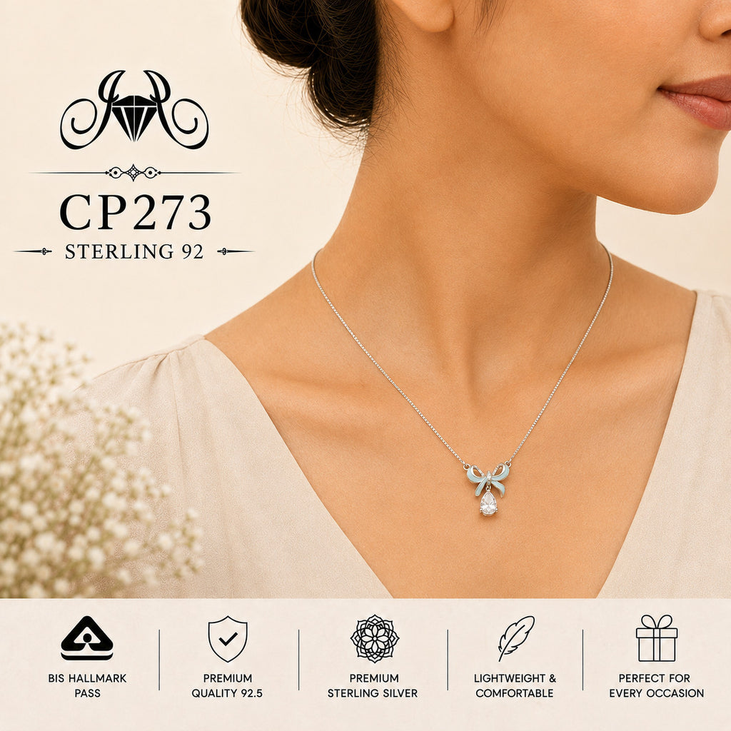 925 Sterling Silver Blue Bow Drop Pendant Chain