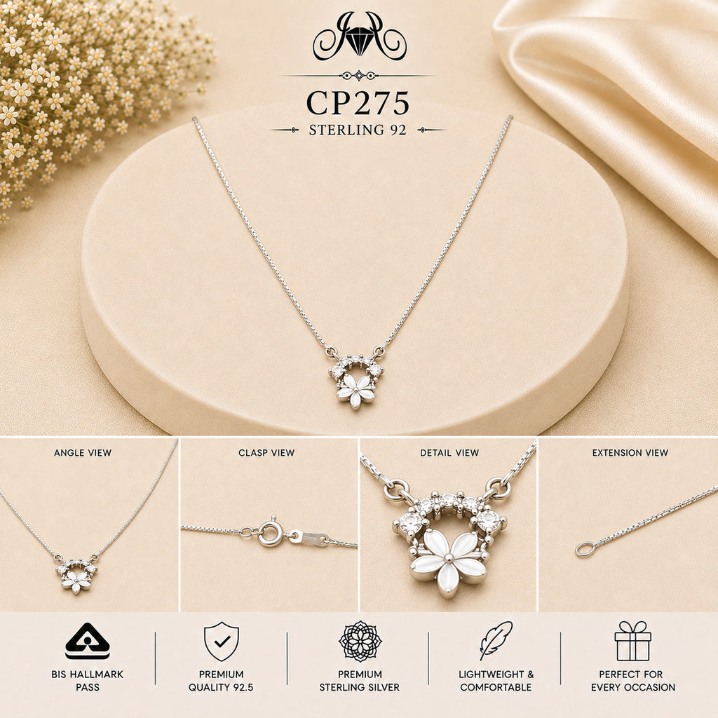 925 Sterling Silver Crystal Flower Cluster Pendant Chain