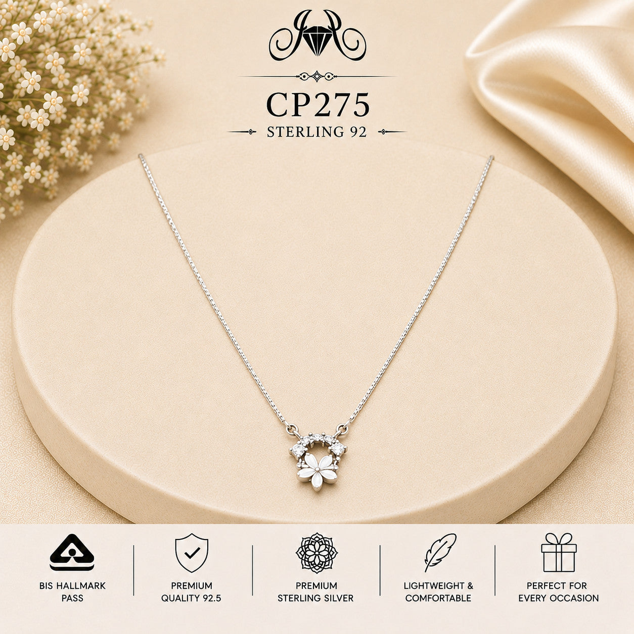 925 Sterling Silver Crystal Flower Cluster Pendant Chain