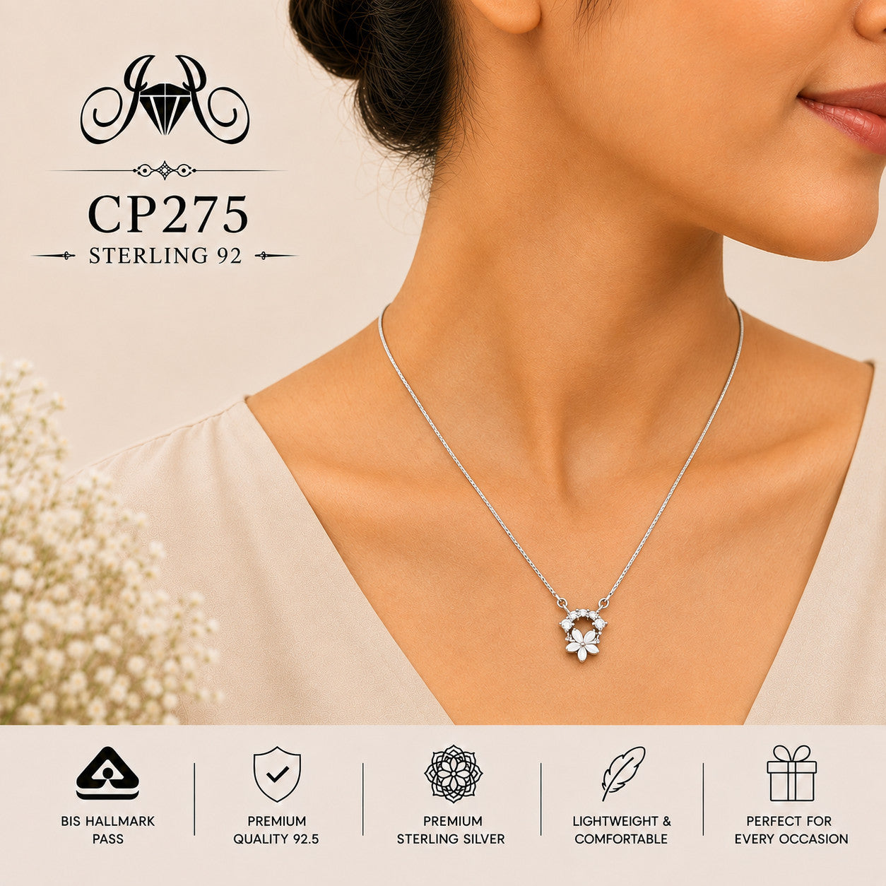 925 Sterling Silver Crystal Flower Cluster Pendant Chain