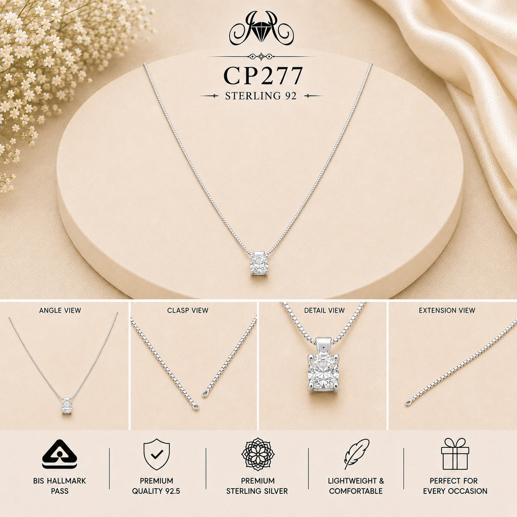 925 Sterling Silver Square Crystal Pendant Chain
