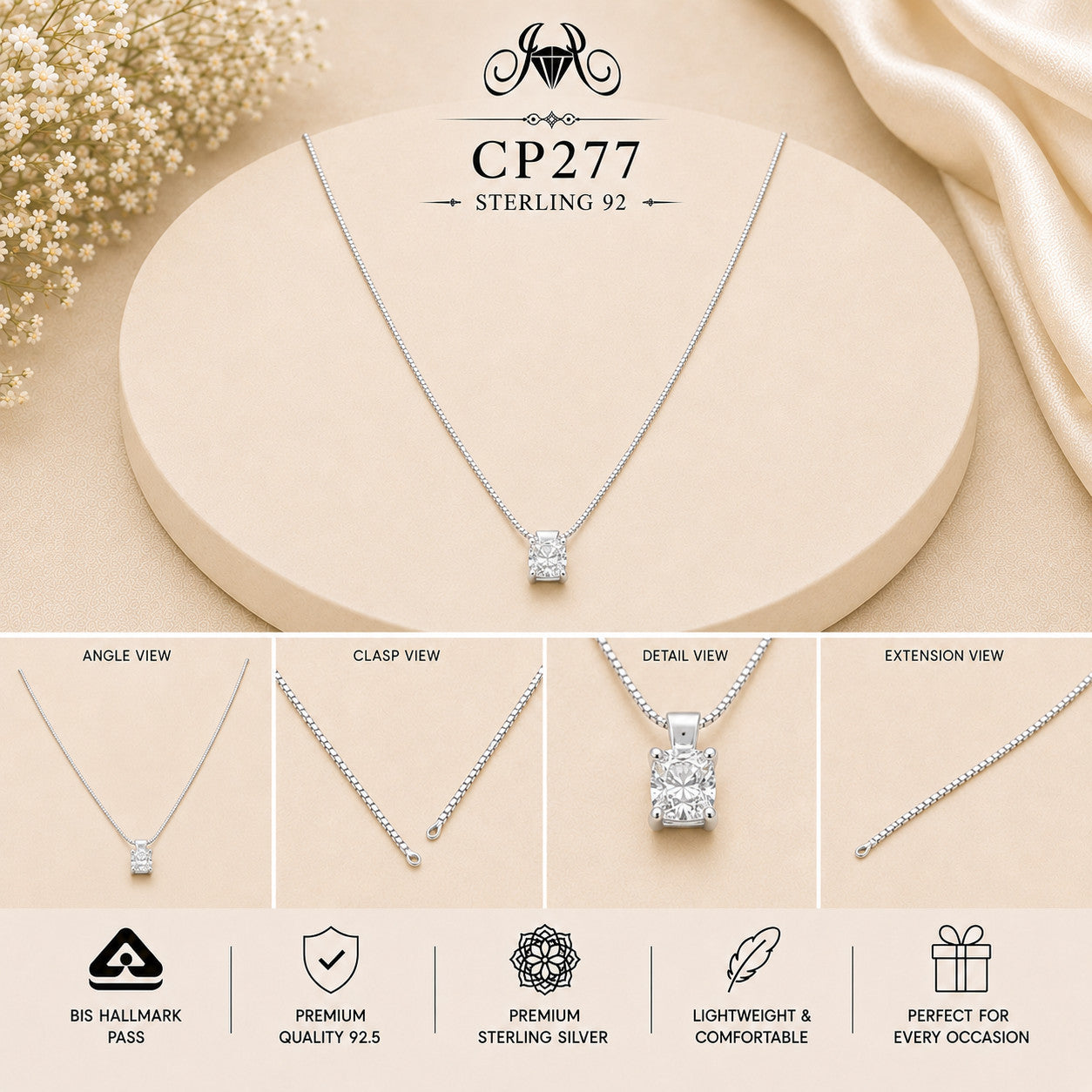 925 Sterling Silver Square Crystal Pendant Chain