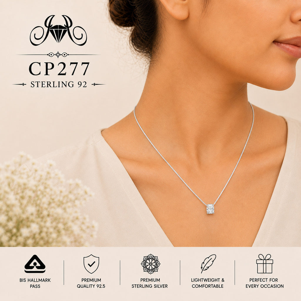 925 Sterling Silver Square Crystal Pendant Chain