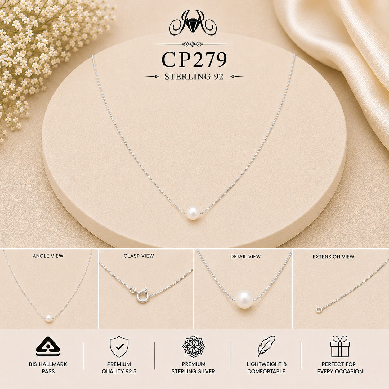 925 Sterling Silver Pearl Solitaire Chain