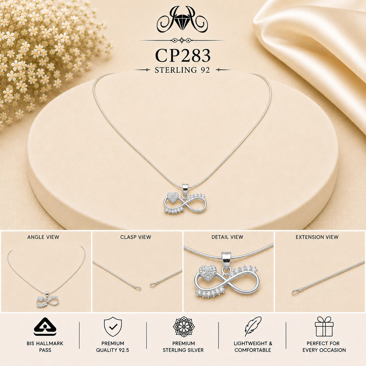 CP283 925 Sterling Silver Infinity Heart Crown Pendant Chain collage