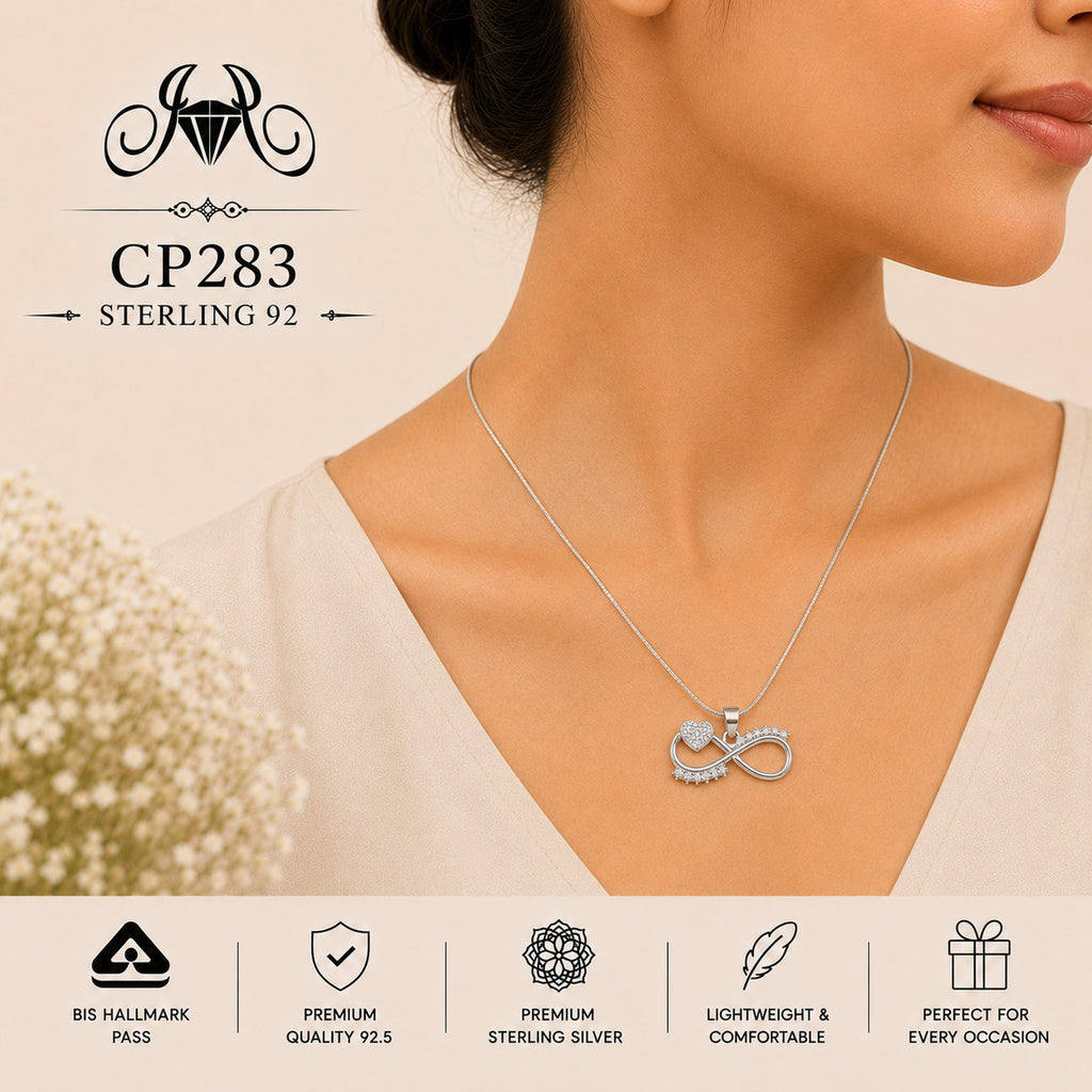 CP283 925 Sterling Silver Infinity Heart Crown Pendant Chain wearing