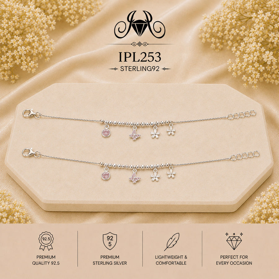 Pink Crystal & Floral Charm 92.5 Sterling Silver Payal – IPL253