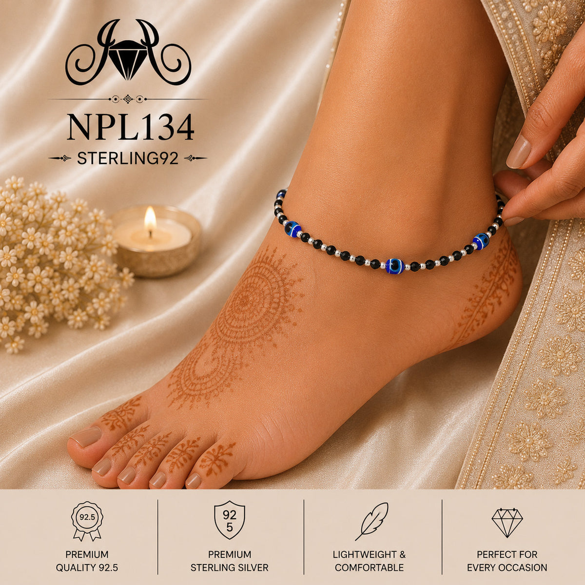 NPL134 Black Beeds Payal wearing