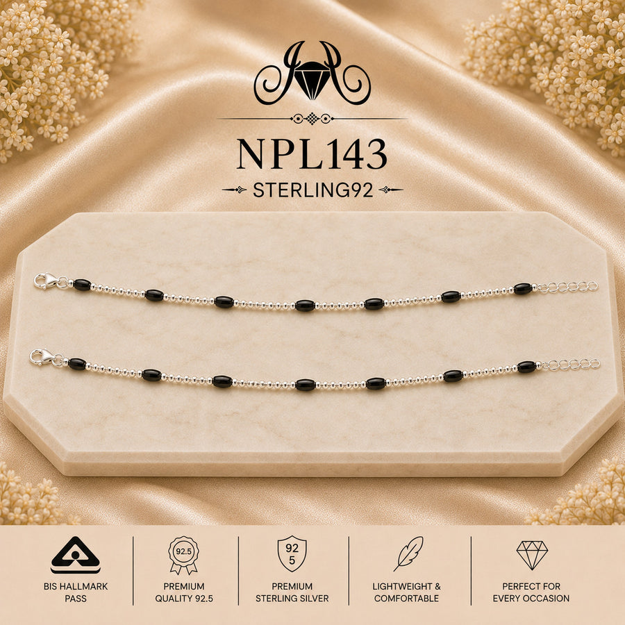 Spaced Black Oval Bead 92.5 Sterling Silver Payal – NPL143