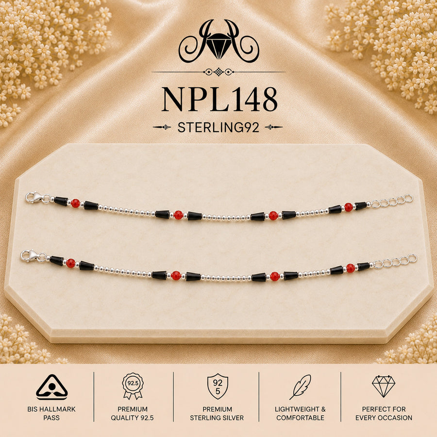 Red & Black Accent Bead 92.5 Sterling Silver Payal – NPL148