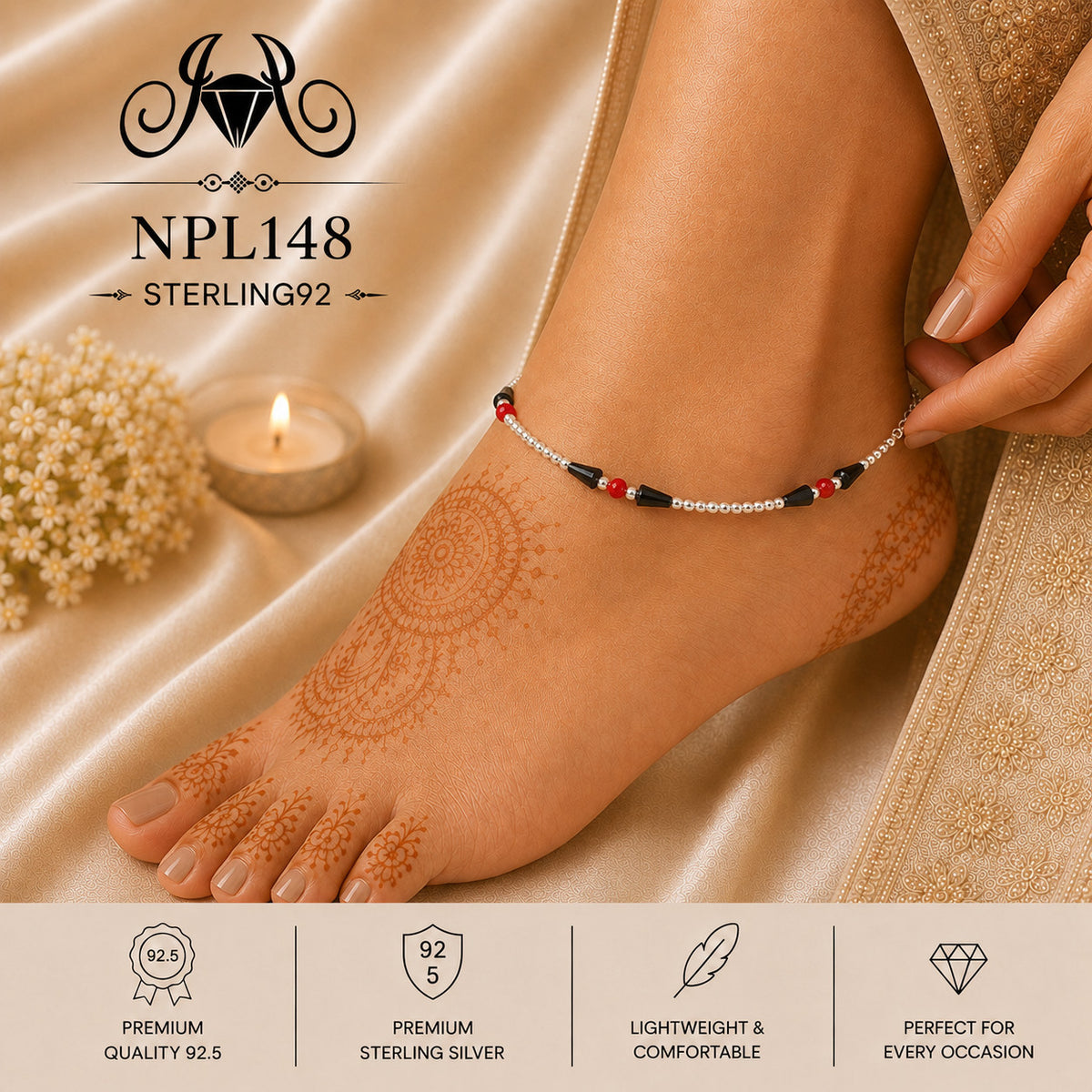 NPL148 Black Beeds Payal wearing