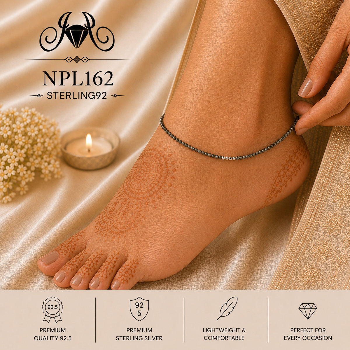 NPL162 Black Beeds Payal wearing