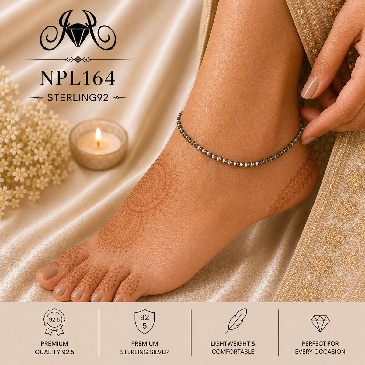 NPL164 Black Beeds Payal wearing