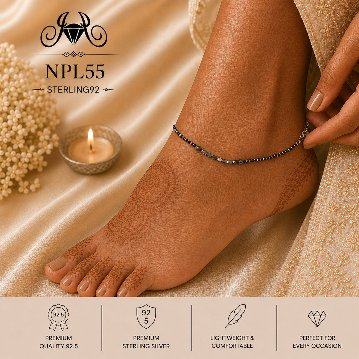 NPL55 Black Beeds Payal wearing