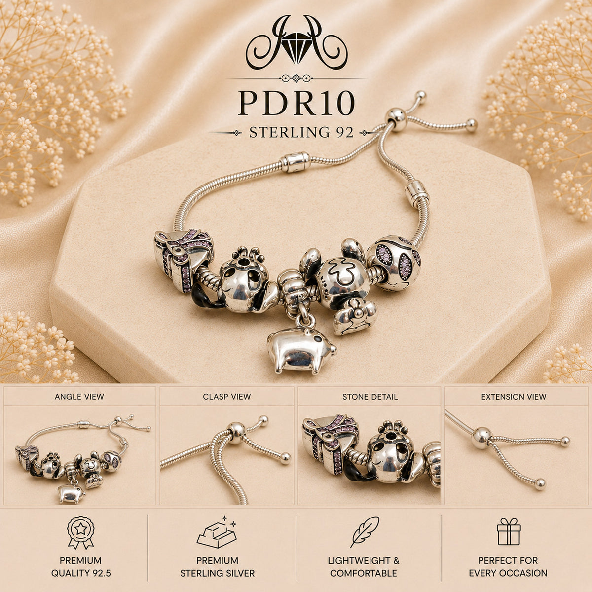 PDR10 92.5 Sterling Silver Charm Bracelet collage
