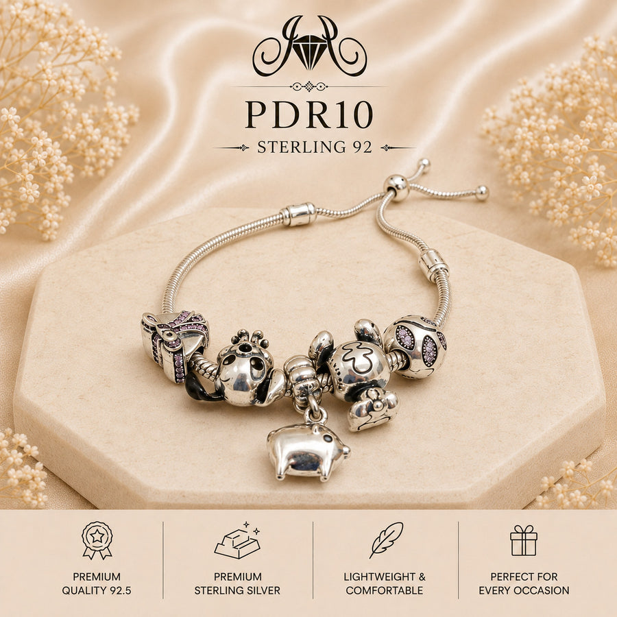 PDR10 Premium Sterling Silver Ladies Charm Bracelet - Adjustable