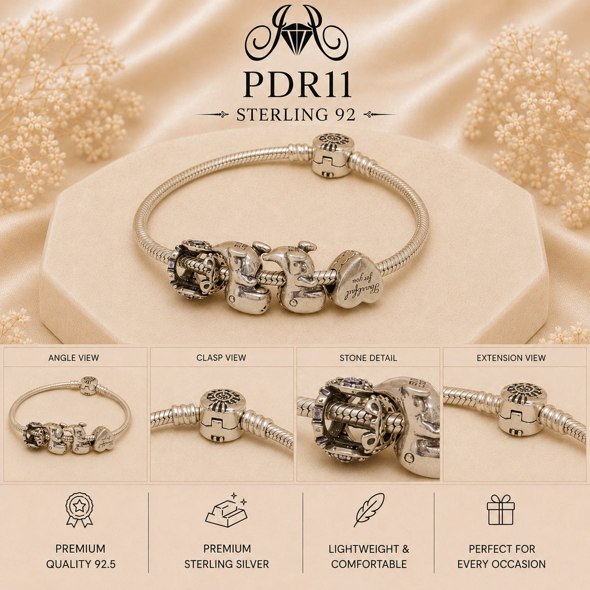 PDR11 92.5 Sterling Silver Charm Bracelet collage