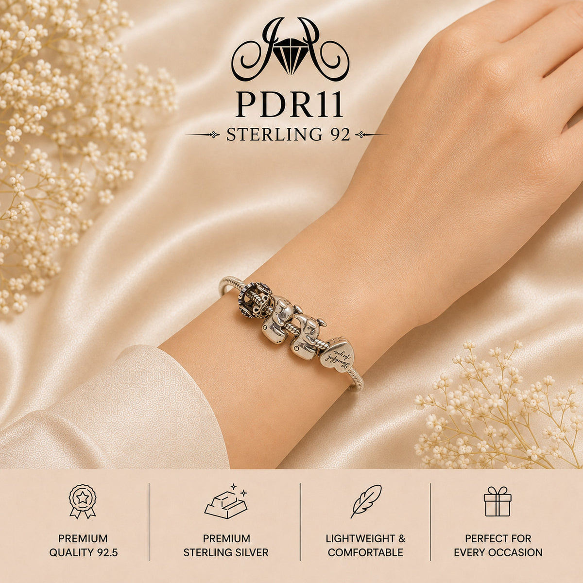PDR11 92.5 Sterling Silver Charm Bracelet wearing view
