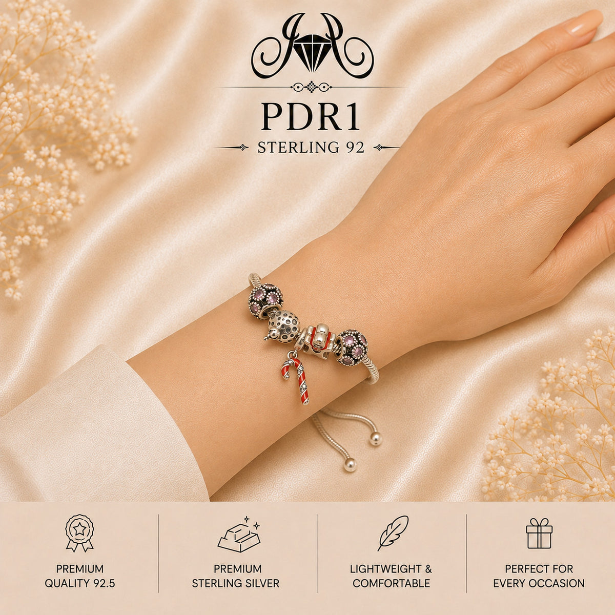 PDR1 92.5 Sterling Silver Charm Bracelet wearing view