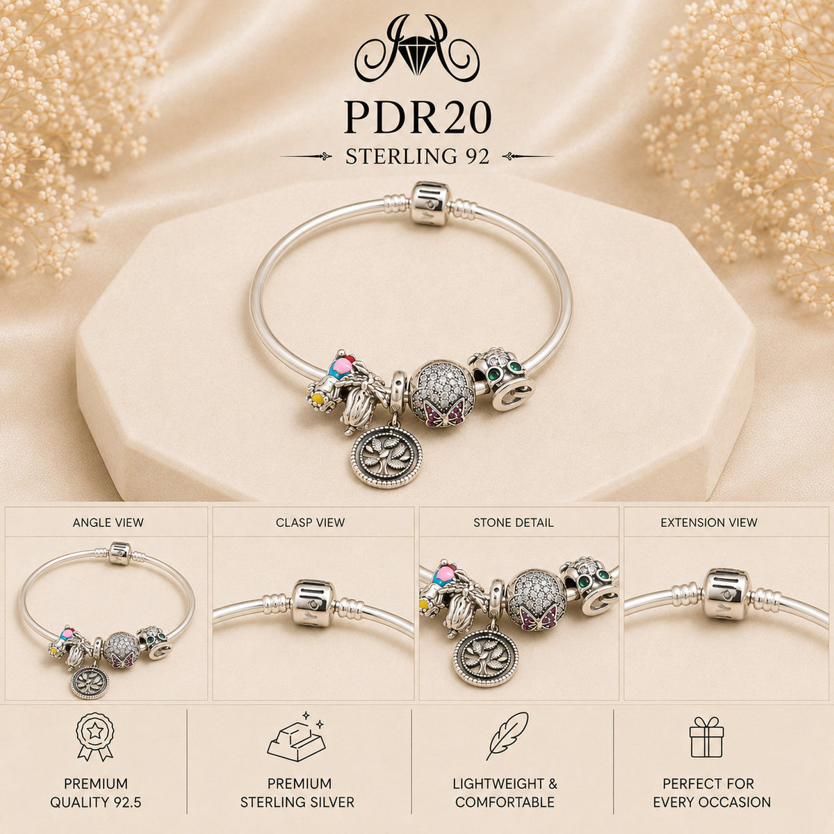 PDR20 92.5 Sterling Silver Charm Bracelet collage