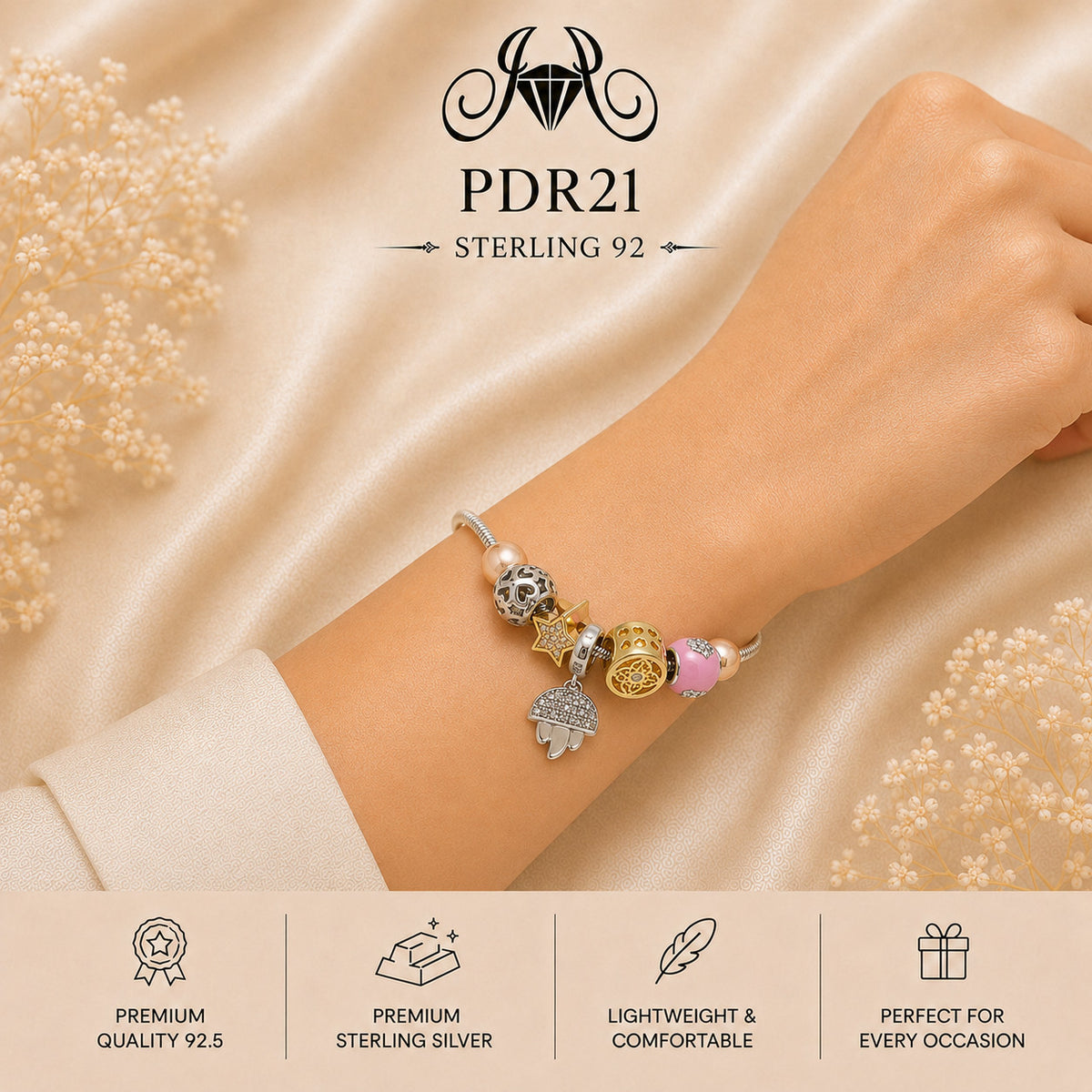 PDR21 92.5 Sterling Silver Charm Bracelet wearing view