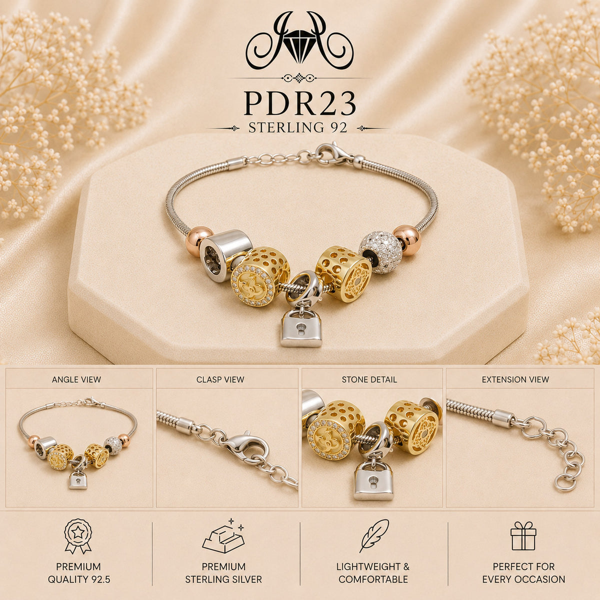 PDR23 92.5 Sterling Silver Charm Bracelet collage