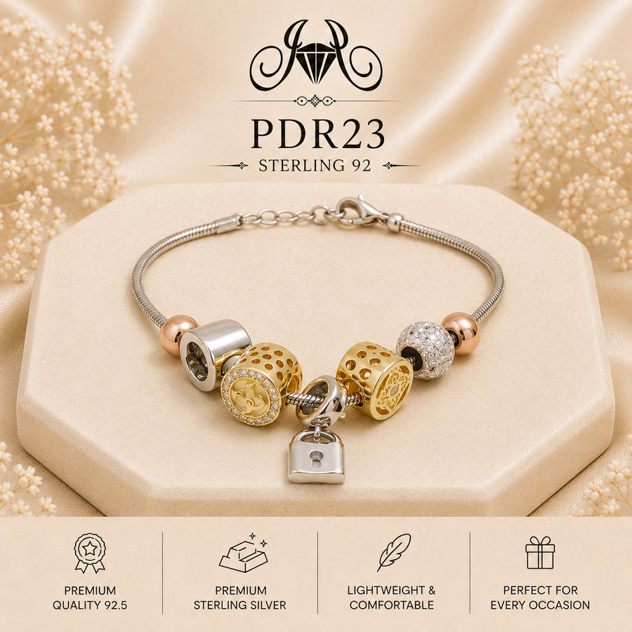 PDR23 Premium Sterling Silver Ladies Charm Bracelet - 7 Inch