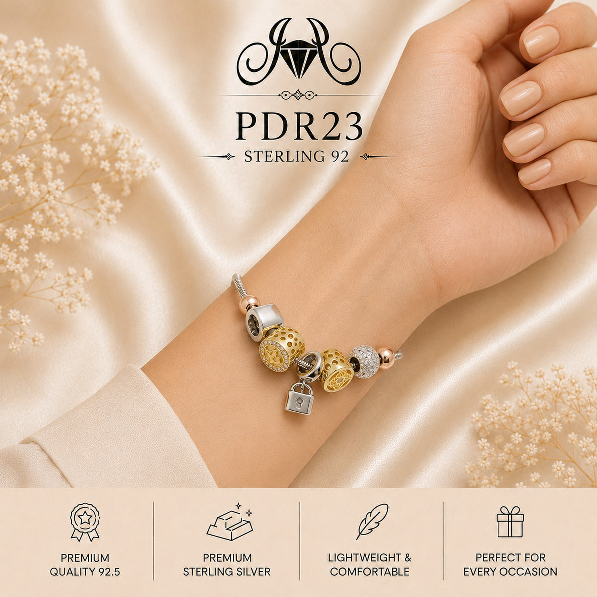PDR23 92.5 Sterling Silver Charm Bracelet wearing view