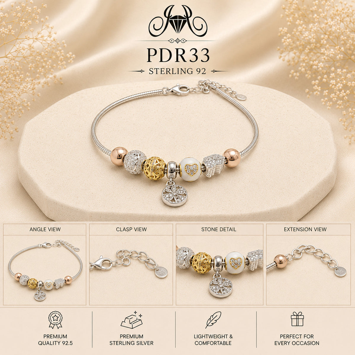 PDR33 92.5 Sterling Silver Charm Bracelet collage