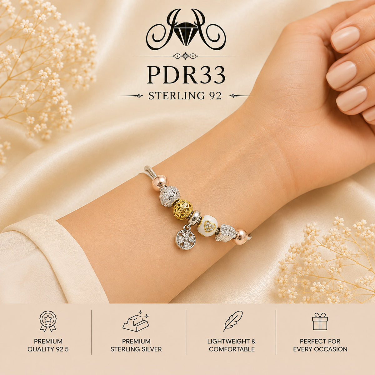 PDR33 92.5 Sterling Silver Charm Bracelet wearing view