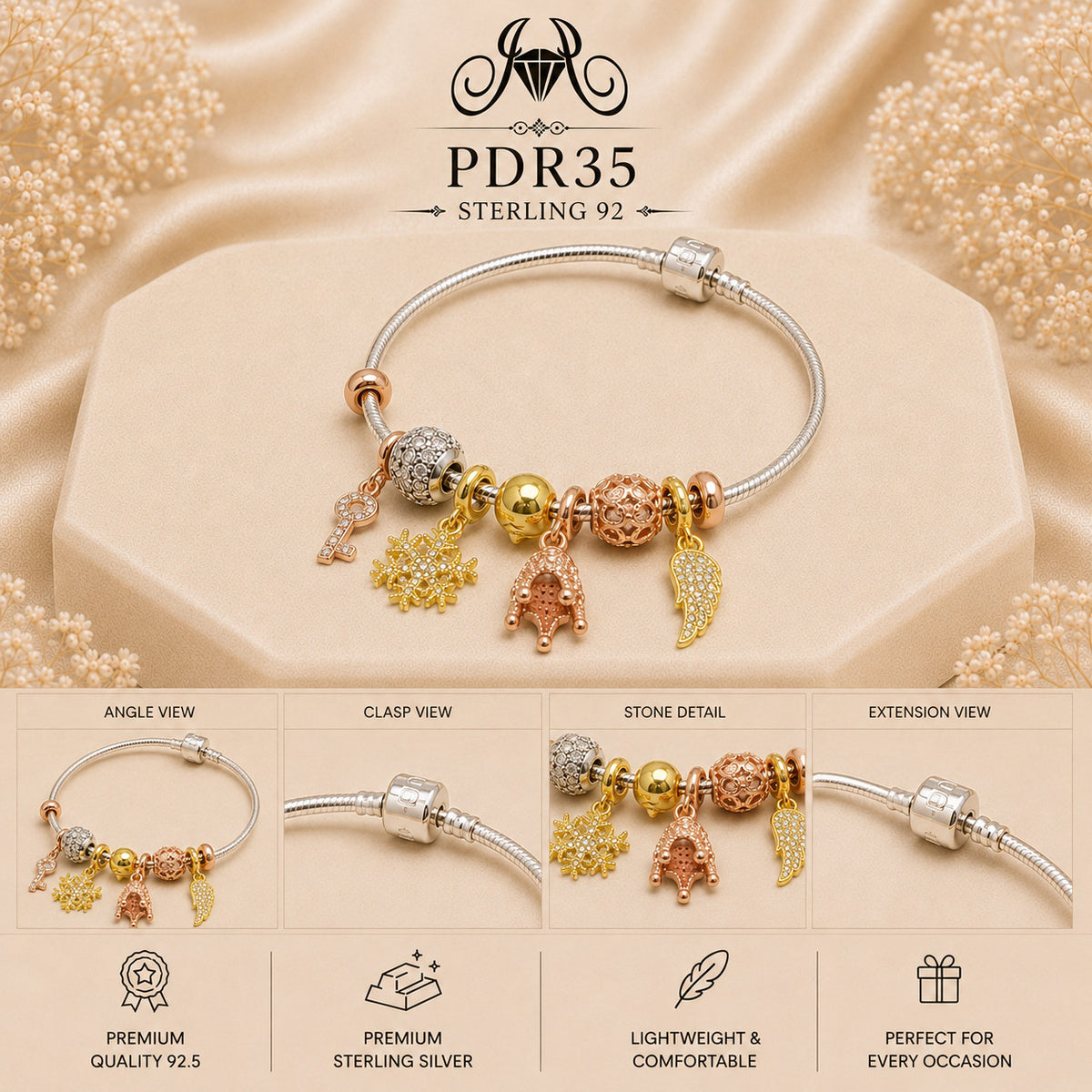 PDR35 92.5 Sterling Silver Charm Bracelet collage
