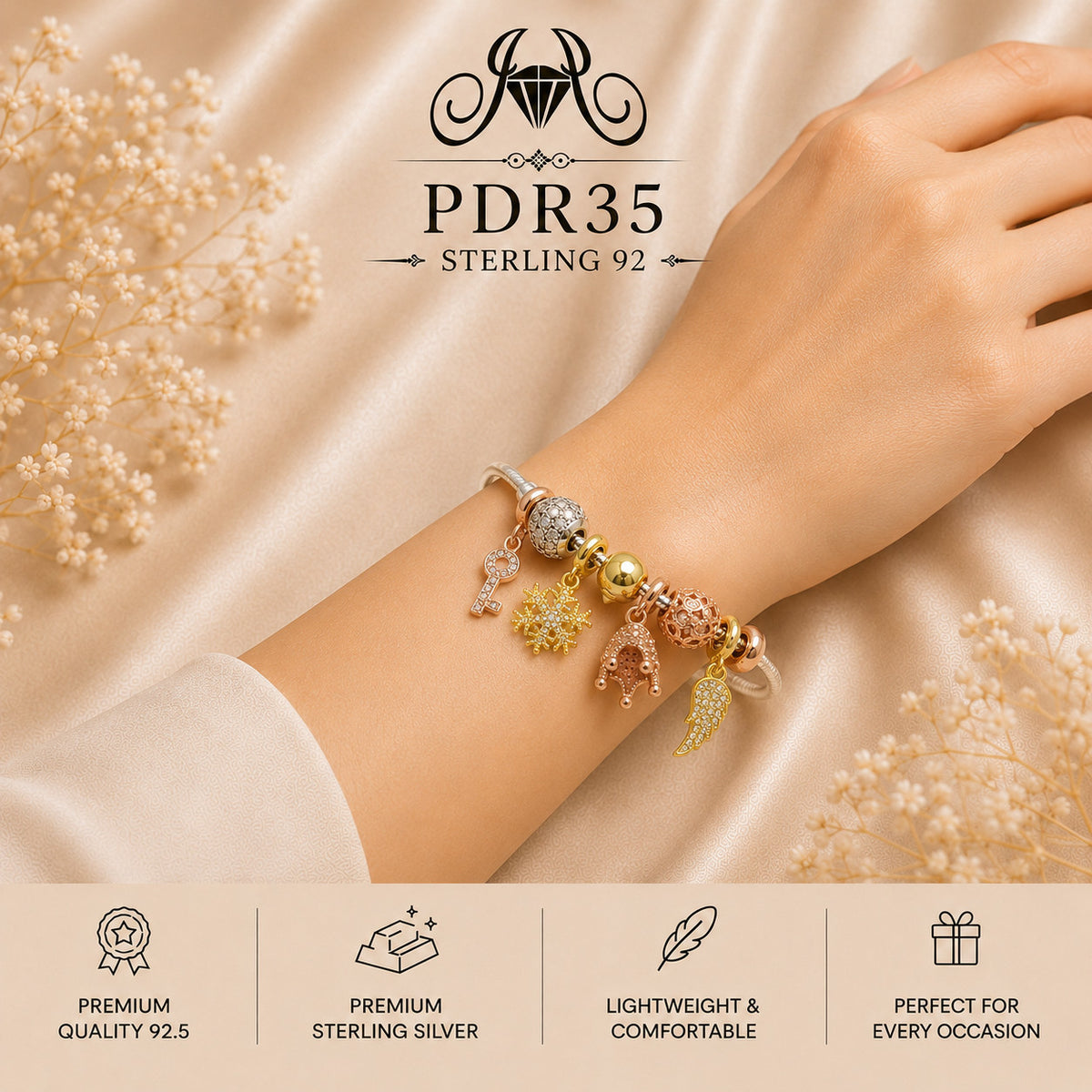 PDR35 92.5 Sterling Silver Charm Bracelet wearing view