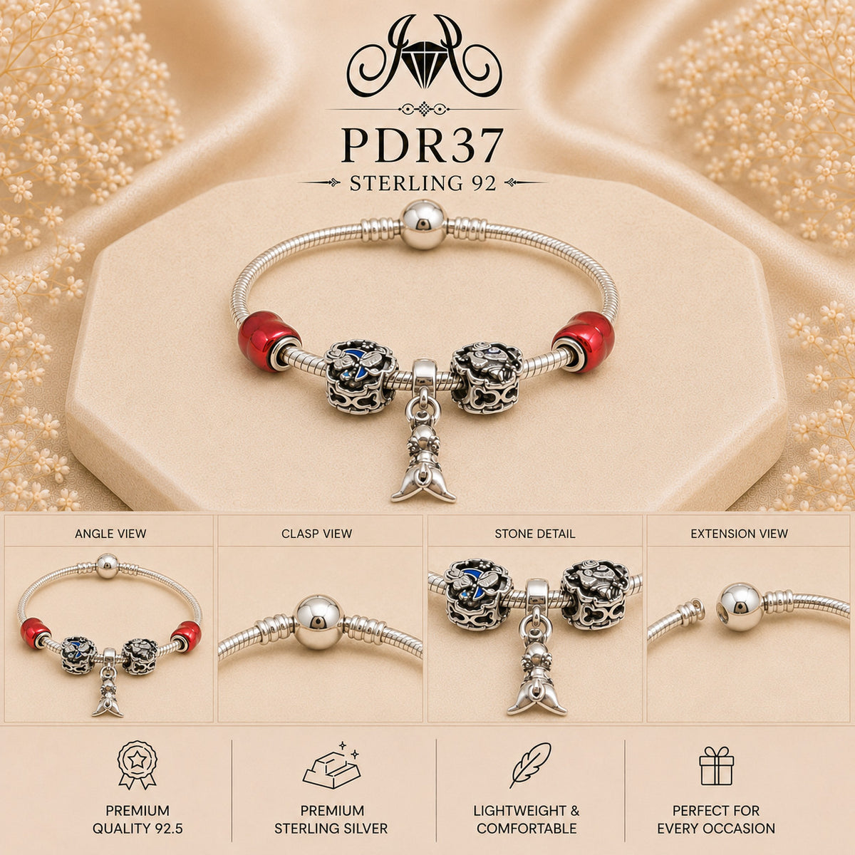 PDR37 92.5 Sterling Silver Charm Bracelet collage