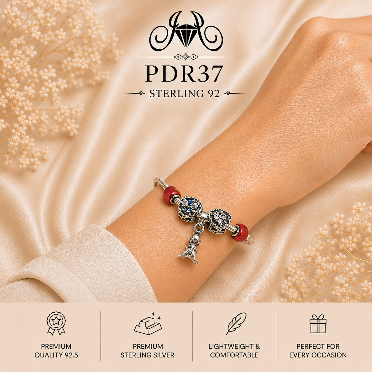 PDR37 92.5 Sterling Silver Charm Bracelet wearing view