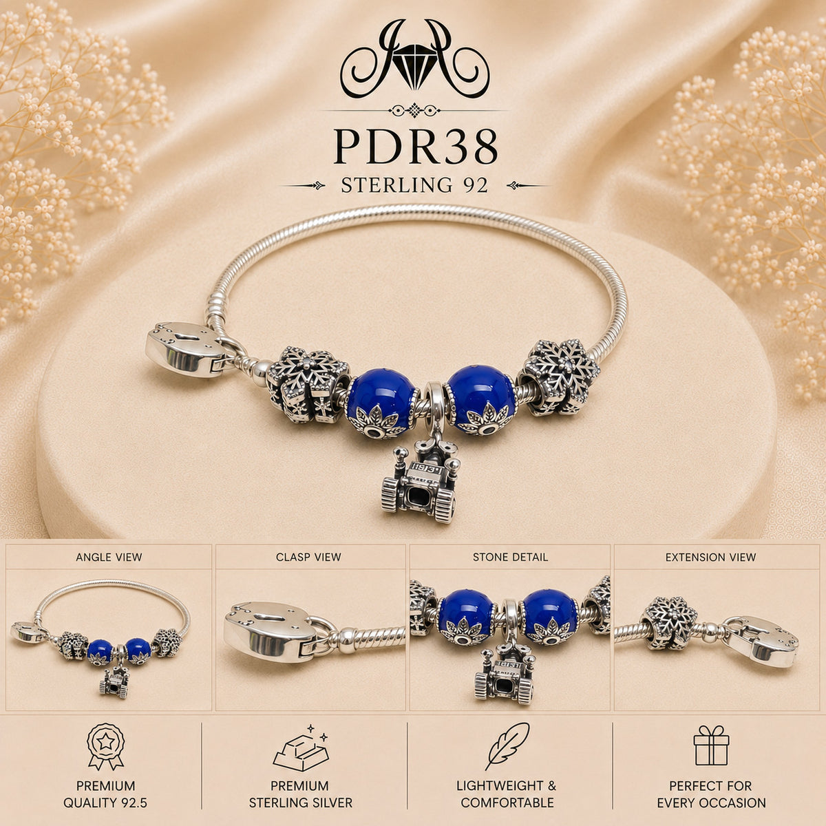 PDR38 92.5 Sterling Silver Charm Bracelet collage