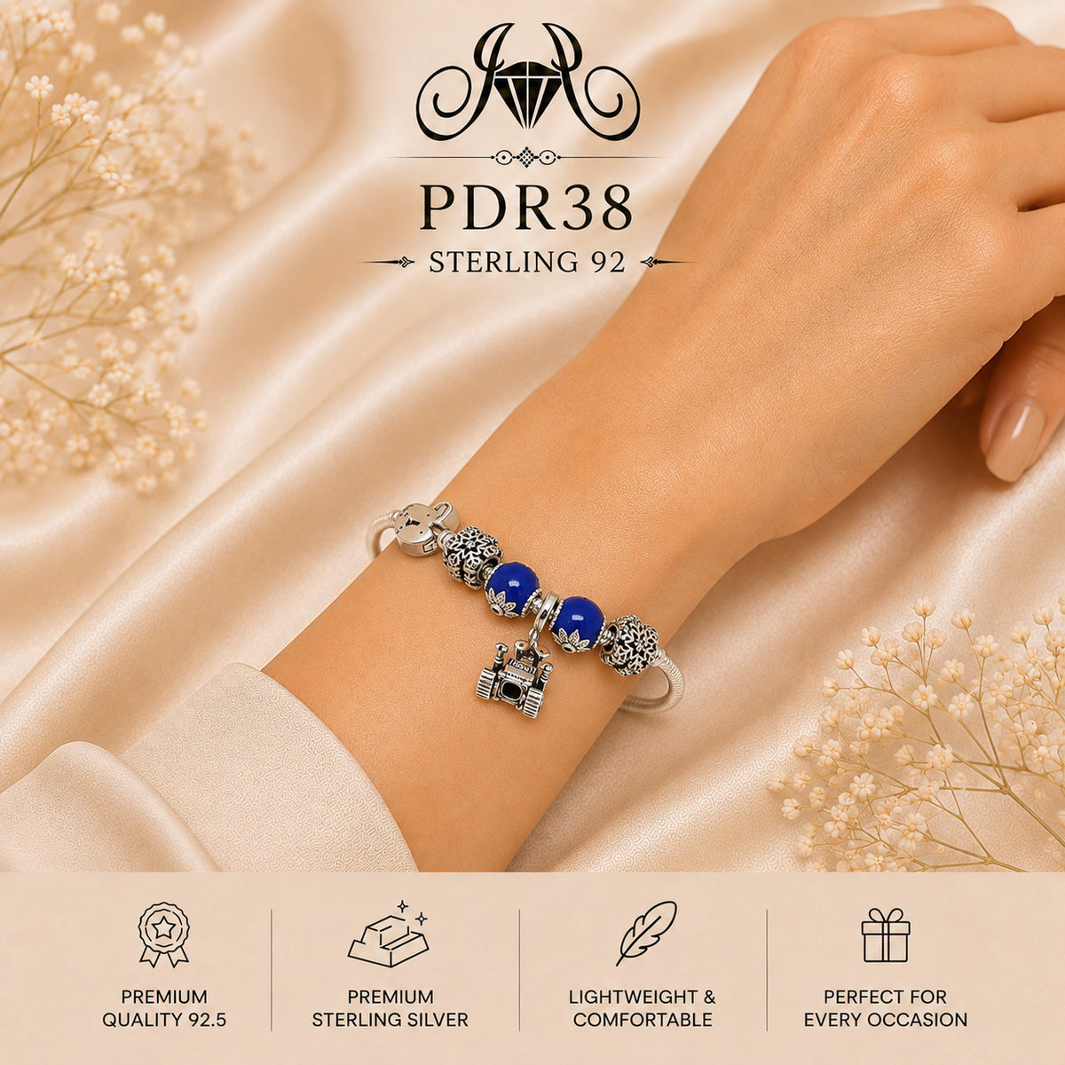 PDR38 92.5 Sterling Silver Charm Bracelet wearing view